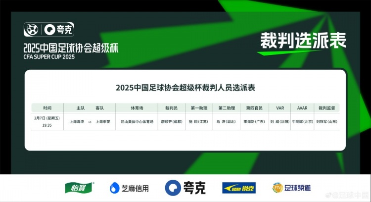  超級杯海港vs申花裁判員名單：主裁判唐順齊，VAR劉威