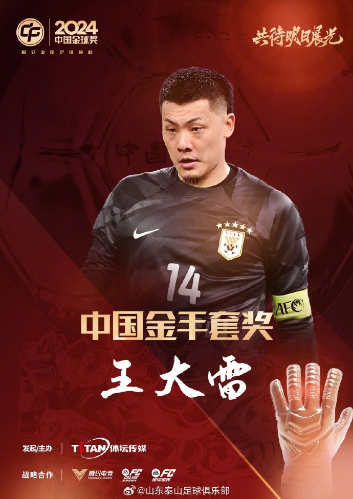  王大雷榮獲中國金手套獎，謝文能入選中國金球獎候選人前三名