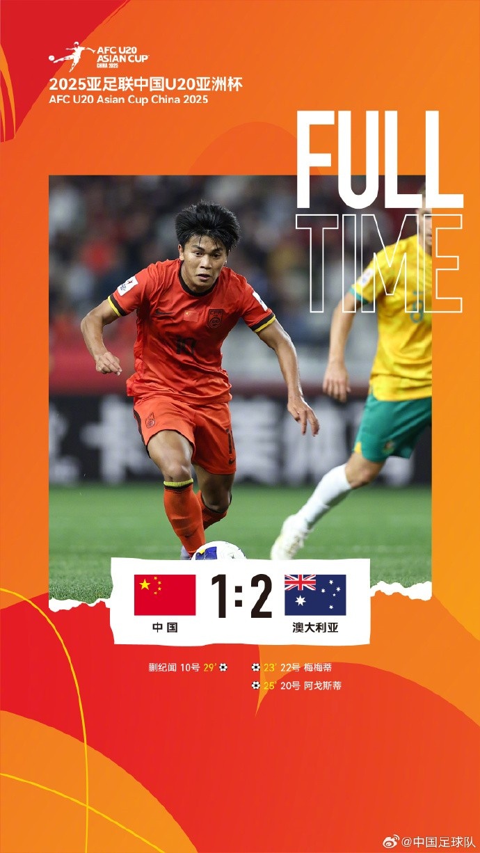  U20亞洲杯小組賽A組第三輪，中國隊1比2負于澳大利亞隊