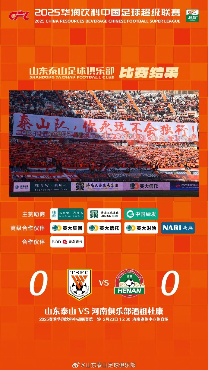 中超首戰，泰山隊雖未取勝，但全隊展現出了頑強的拼搏精神